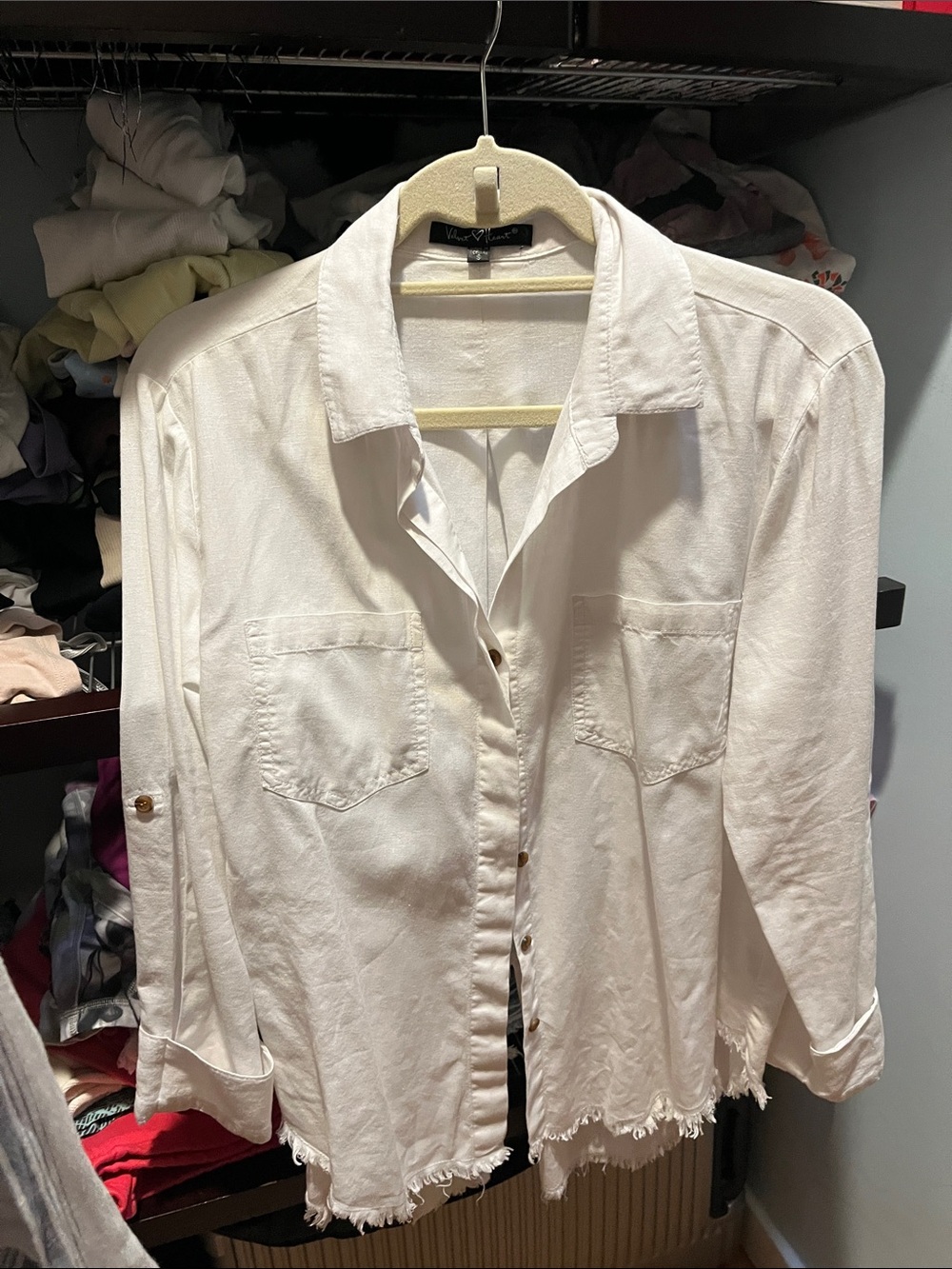 Velvet Heart Cream Button-Down Shirt with Frayed Hem